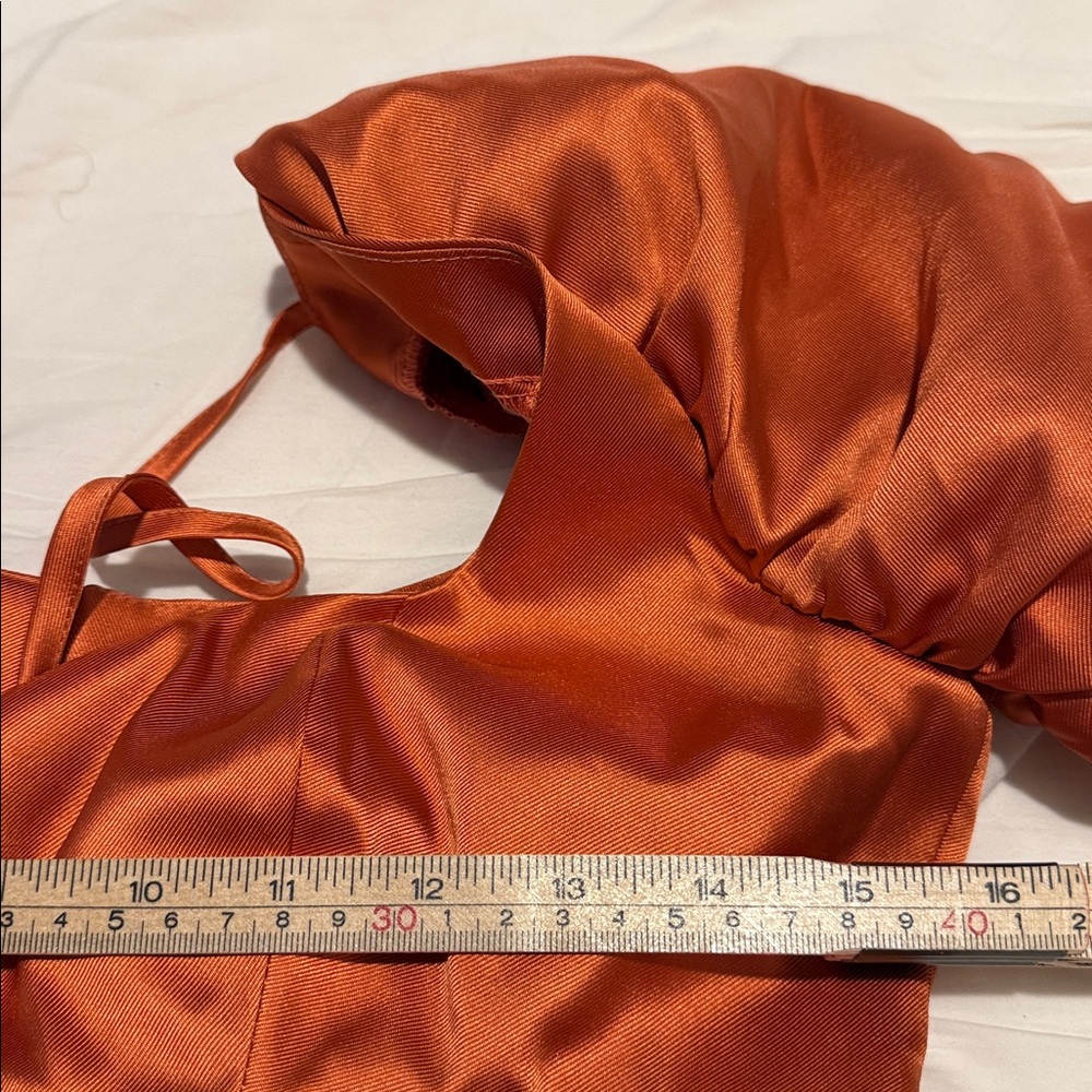 Asos Luxe Satin Babydoll Blouse Ruffle Blouson Sleeve Cinnamon Long Size 6 NWT - Picture 12 of 12